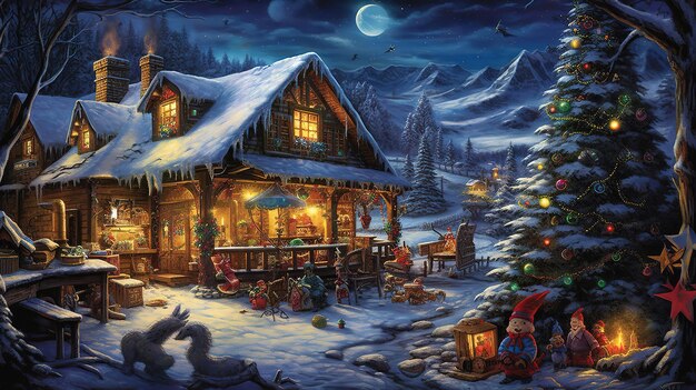 Christmas night scene of wooden houses with a christmas lights Generative ai