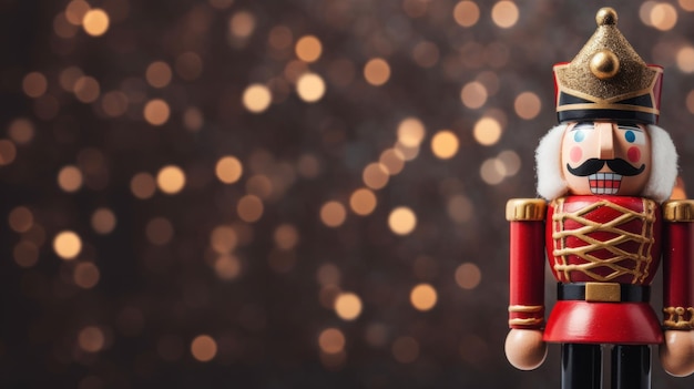 Foto giocattolo per schiaccianoci di natale su uno sfondo bokeh con spazio di copia ai generativa