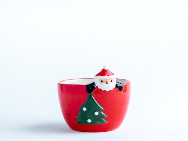 Christmas object concept, empty red cute Santa Claus plant pot with christmas tree isolated on