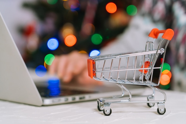 Christmas online shopping. Woman buy presents, prepare to xmas, among shopping cart and presents box