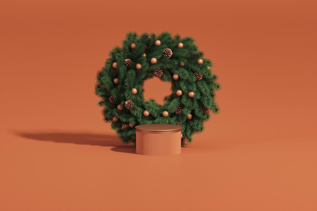 Christmas ornament, branch wreath for product. Brown and beige, green pedestal showcase.