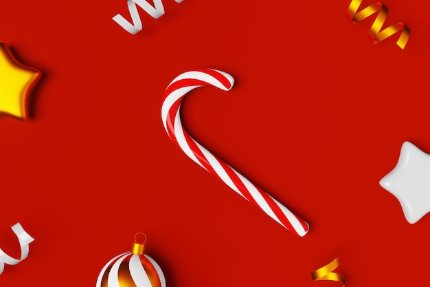 Christmas ornament candy cane balls shiny ribbons 3D rendering red background Festive Xmas seasonal decoration flat lay