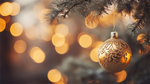 A christmas ornament hangs on a tree.