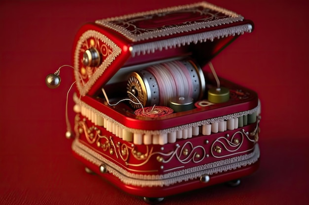 Christmas ornament tinsel garland red background music box needle bed created with generative ai