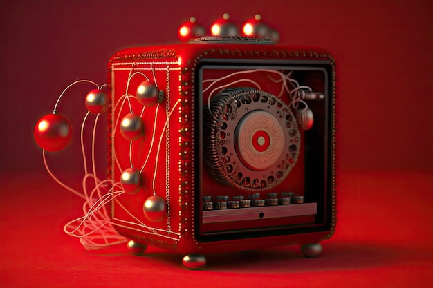 Christmas ornament tinsel garland red background music box needle bed created with generative ai