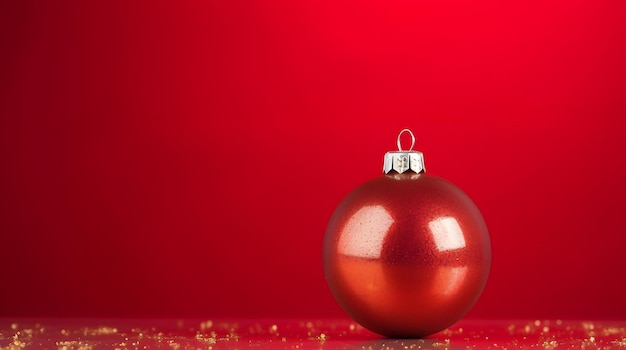 A christmas ornament with gold glitter on a solid red background