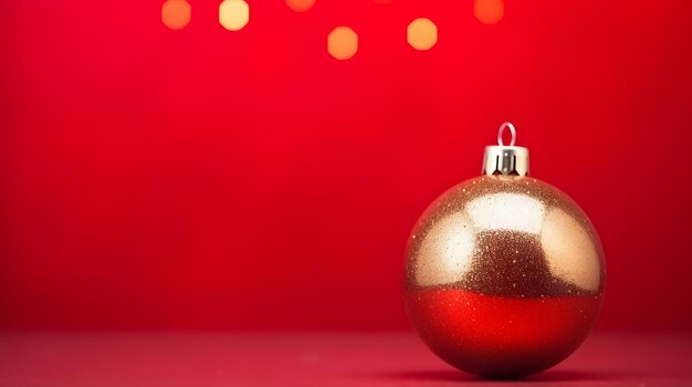 A christmas ornament with gold glitter on a solid red background