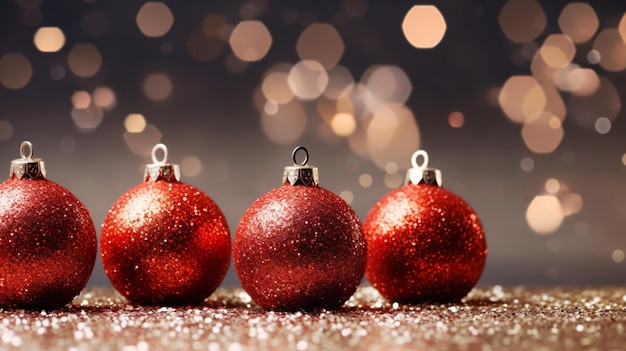 Рождественские украшения на блестящем фоне Блестящие новогодние золотые украшения Блестящие красные елочные шары на фоне боке копируют пространство для текста для поздравления Зимний праздник баннер