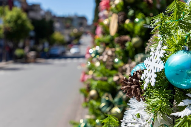 Christmas ornaments and blurred street background