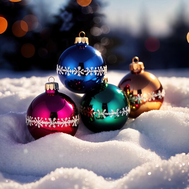 Christmas ornaments decorated glass orbs in the snow outdoors traditional seasonal holiday decora