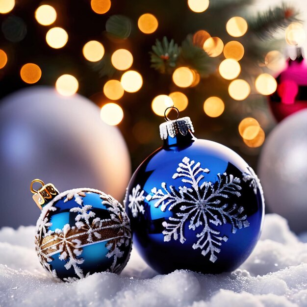 クリスマスの装飾品 雪の外に飾られたガラスの球 伝統的な季節の休日の装飾品