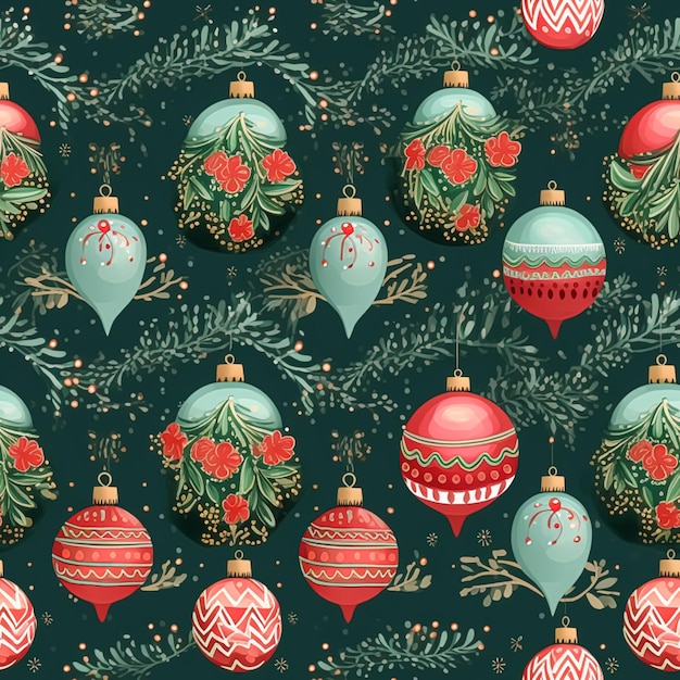 Christmas ornaments and decoration seamless pattern holiday Christmas tree baubles tileable country style print for wallpaper wrapping paper scrapbook fabric and product design generative ai