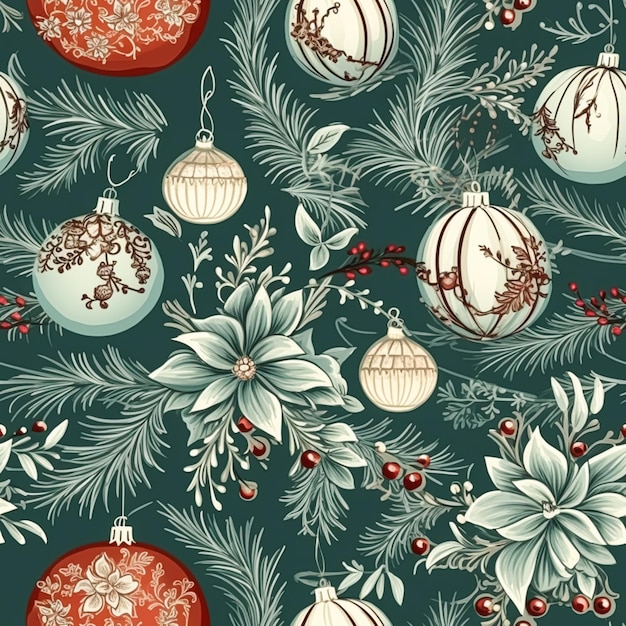 Christmas ornaments and decoration seamless pattern holiday Christmas tree baubles tileable country style print for wallpaper wrapping paper scrapbook fabric and product design generative ai