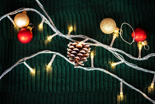 Christmas ornaments on fairy lights