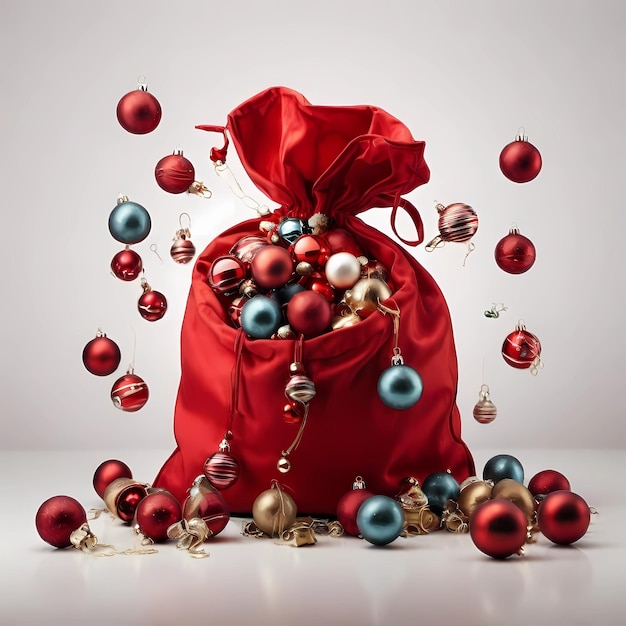 Christmas ornaments fall into a red Santa bag isolated on a white background