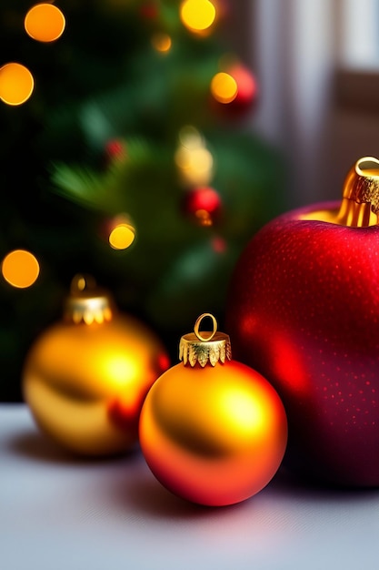 Christmas ornaments in front of a christmas tree