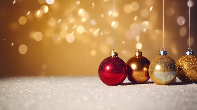 Christmas ornaments in front of a gold background