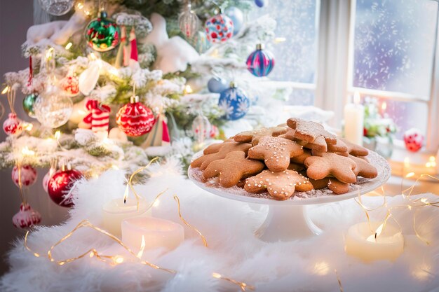 クリスマスの装飾品と雪のジンジャーブレードクッキー