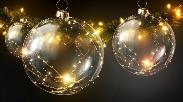 Photo christmas ornaments glass transparent balls set christmas ball inside bright light generative ai