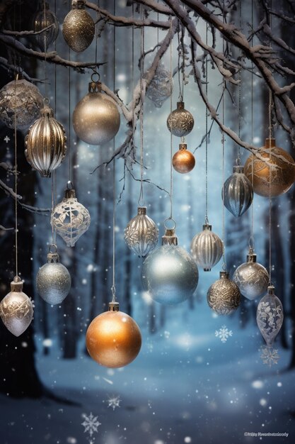 christmas ornaments hanging around on snowy trees