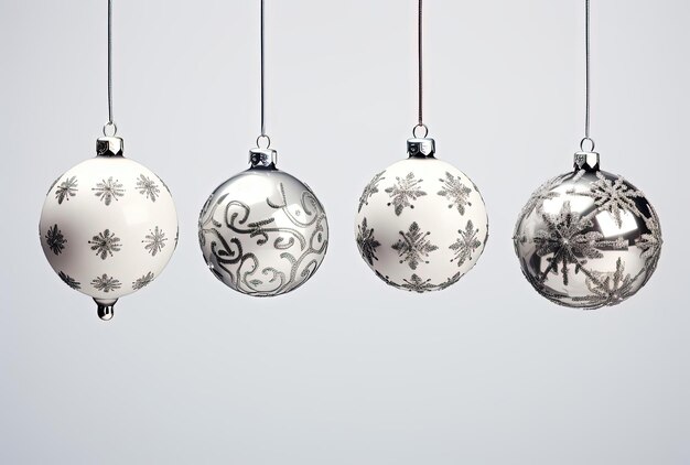 christmas ornaments hanging from a white background in the style of dark and silver