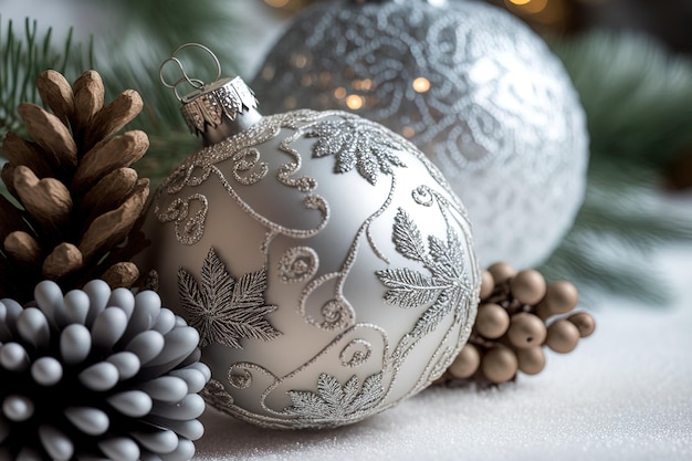 Christmas ornaments in silver and a fir tree