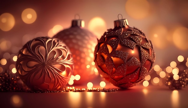 Christmas ornaments on a table with lights in the background