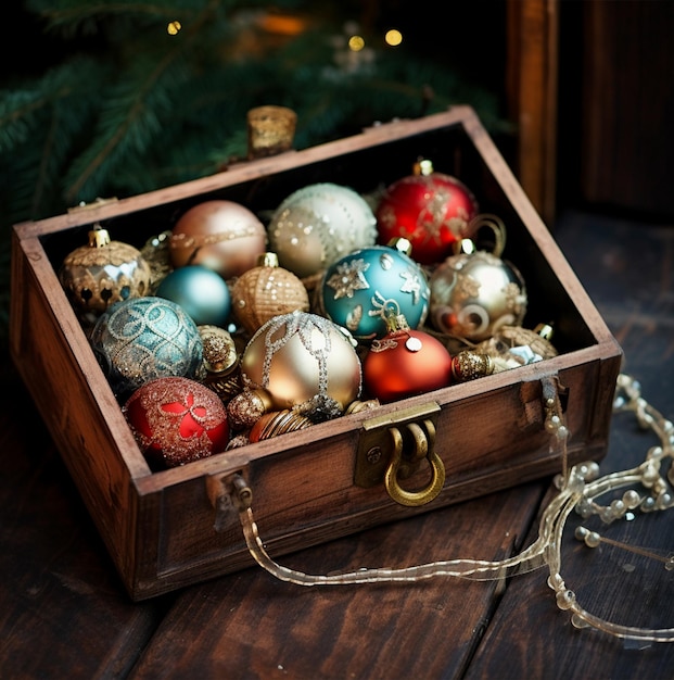 christmas ornaments in vintage wooden box Generated AI