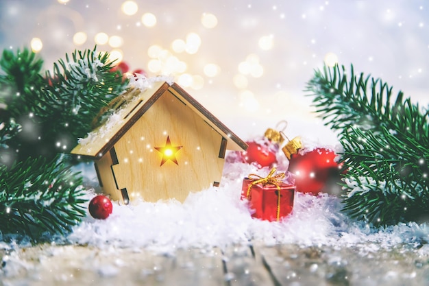 Christmas ornaments with spruce and snow