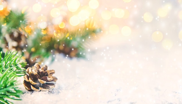 Christmas ornaments with spruce and snow