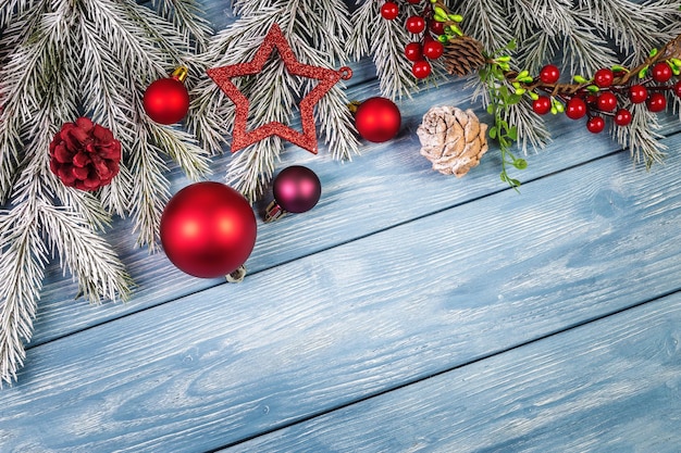 Christmas ornaments on the wooden background. Copy Space for text.