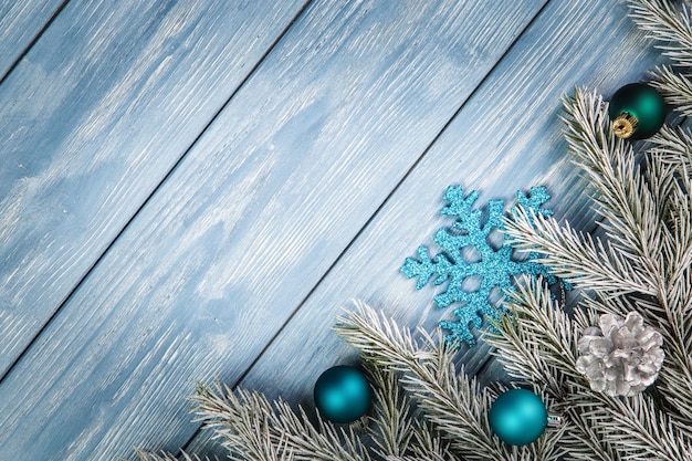 Christmas ornaments on the wooden background. Copy Space for text.