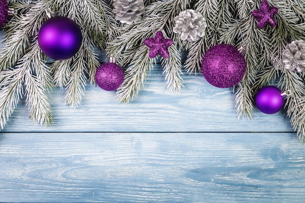 Christmas ornaments on the wooden background. Copy Space for text.