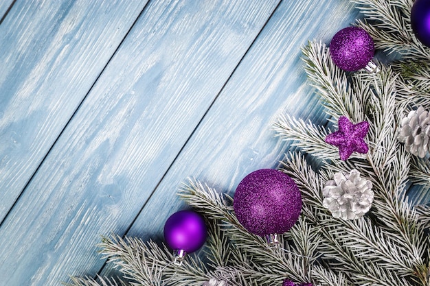 Christmas ornaments on the wooden background. Copy Space for text.