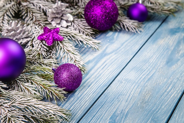 Christmas ornaments on the wooden background. Copy Space for text.