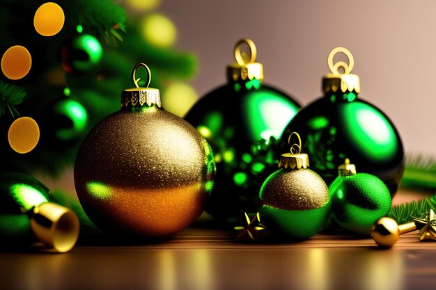 Christmas ornaments on a wooden table with a tree in the background