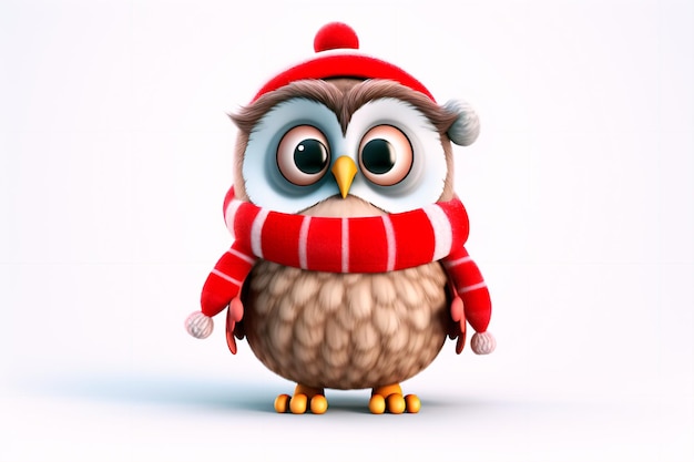 Christmas owl in costume on white isolated background AI generated