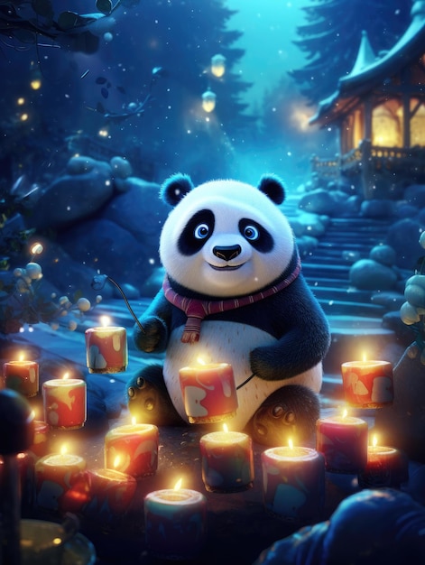Рождественская панда сказочная ночная сцена