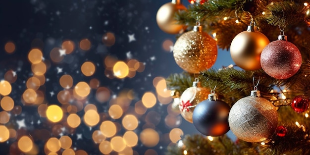 Christmas panoramic background with shiny decorative balls Ai generated