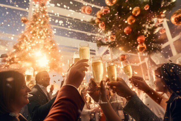Рождественская вечеринка Молодежь тостирует с шампанскими флейтами Концепция празднования