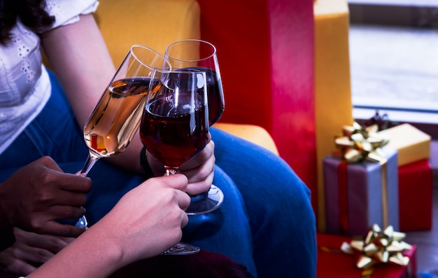 Christmas party with champagne glasses on new year party.