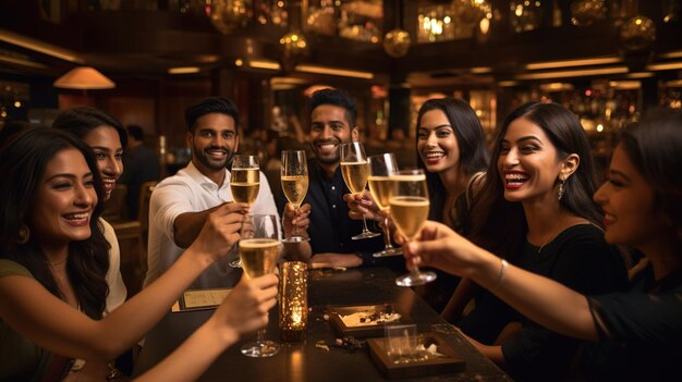 Christmas party Young people drink glasses of champagne