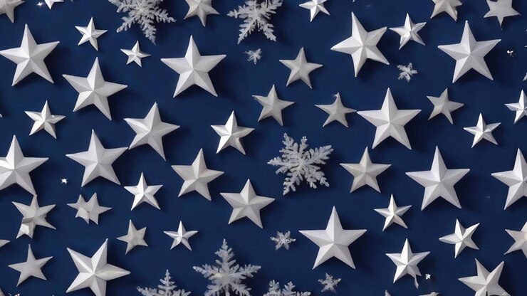 Photo christmas pattern made of silver stars on blue background winter concept flat lay