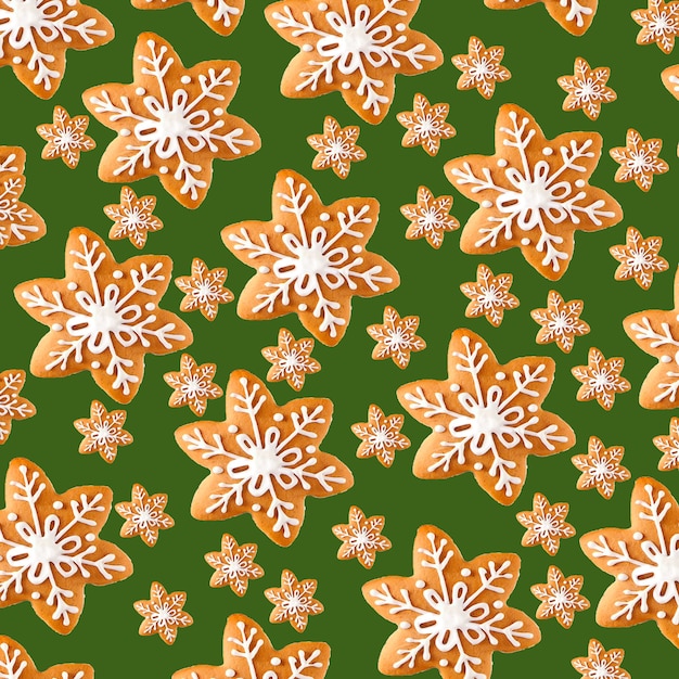 Christmas pattern with ginger cookies in the shape of snowflakes