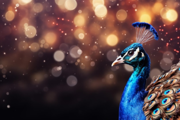 Christmas Peacock tail feathers lit with holiday lights background with empty space for text