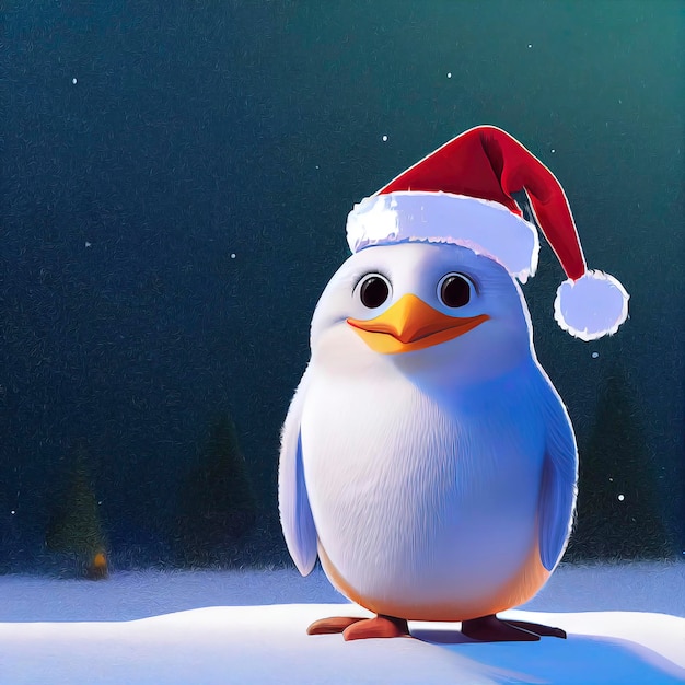 Christmas penguin whit hat character cute penguin in christmas scenery animated illustration