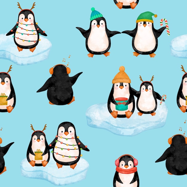 Рождественские пингвины акварельный рисунок