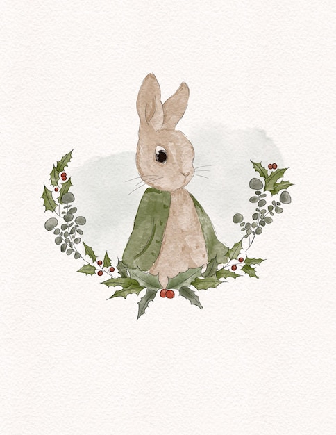 Photo christmas picture for greeting card, peter rabbit, watercolor drawing