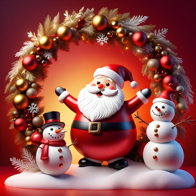 Фото Рождественский санта-клаус и милый снежный человек на красном фоне