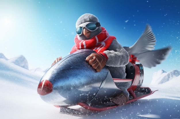 Christmas pigeon ride on sport bike on snow